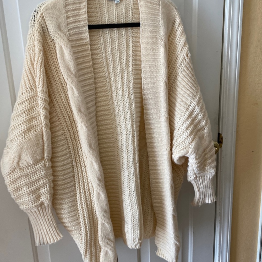 Simply southern cream color Thick cardigan with bubble sleeves mid thigh length!